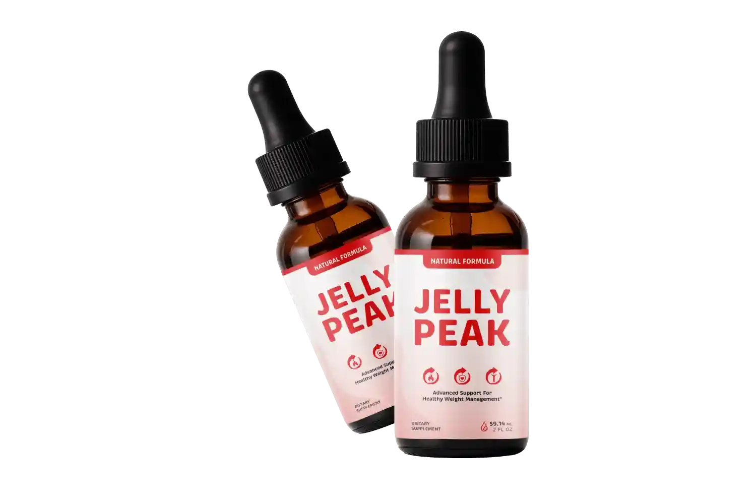 JellyPeak Natural Formula Liquid Drops &mdash; amber glass dropper bottle with white and crimson red label reading JELLY PEAK in bold red uppercase letters with Natural Formula red pill badge, three metabolic wellness icons, Advanced Support For Healthy Weight Management text, 59.14ml 2 FL OZ Dietary Supplement