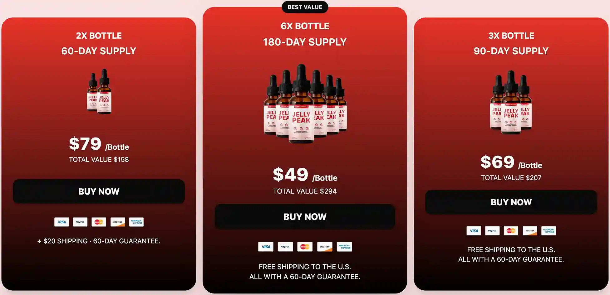 JellyPeak pricing &mdash; 1 bottle $79, 3 bottles $69 each free US shipping, 6 bottles $49 each best value with free shipping 3 free bonus guides and 60-day guarantee